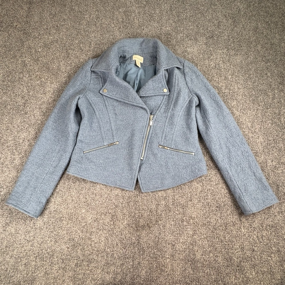Chico's Moto Jacket Women 0 US S Blue Wool Cropped Classic Minimalist Softgrunge